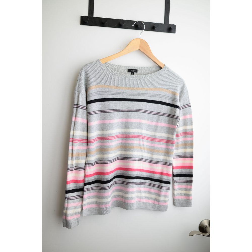 Women's Talbots Small Petite Striped Crew Neck Sweater Gray Pink SP